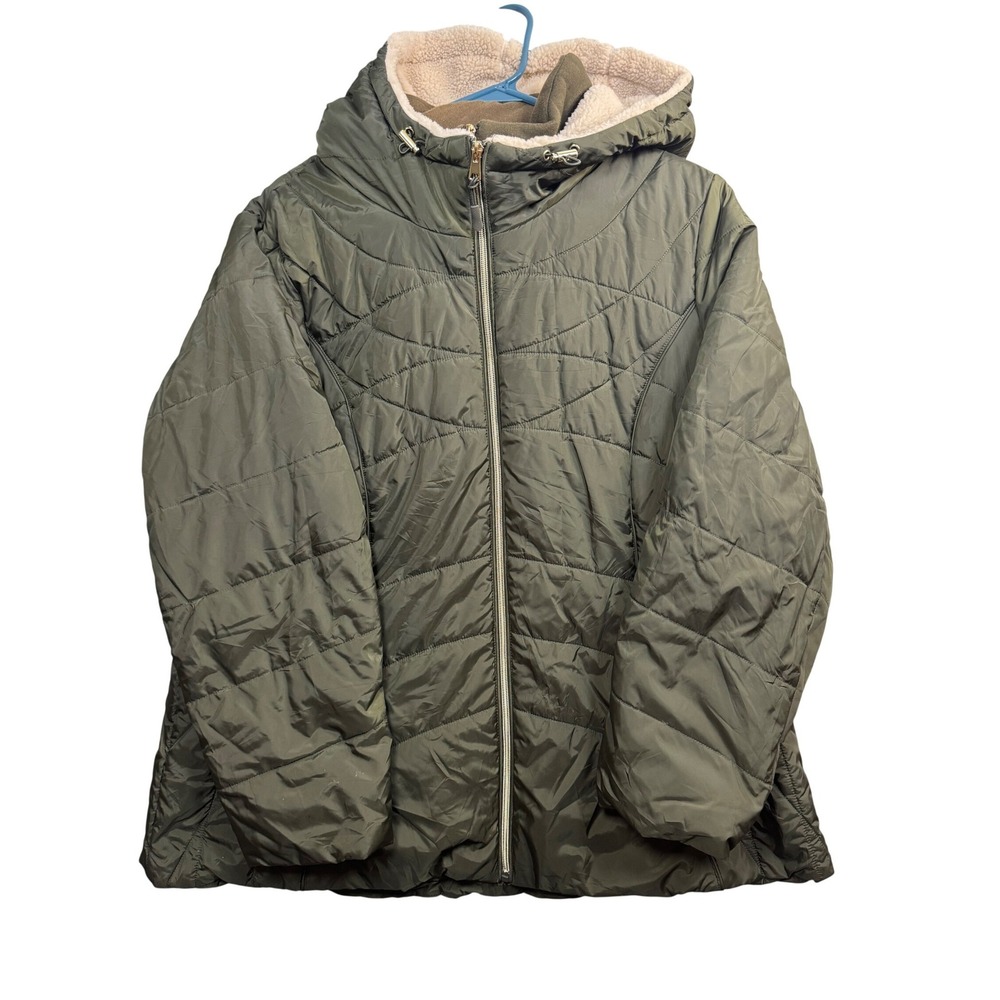 Details Intl Olive Green Quilted Puffer Jacket Sherpa Hood Plus Size 1X D721474